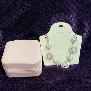 LC Lauren Conrad Gold, White,Bluish Necklace Floral Design & Mini Jewelry Box